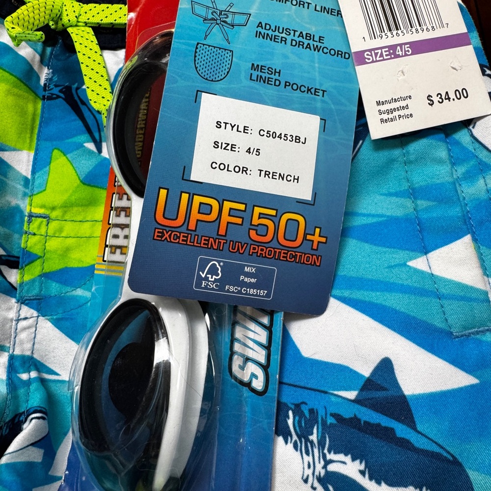 NWT Kids Shark Swim Trunks & Goggles Boys Sz 4 - 5   50 UV protect NEW. - Picture 6 of 14